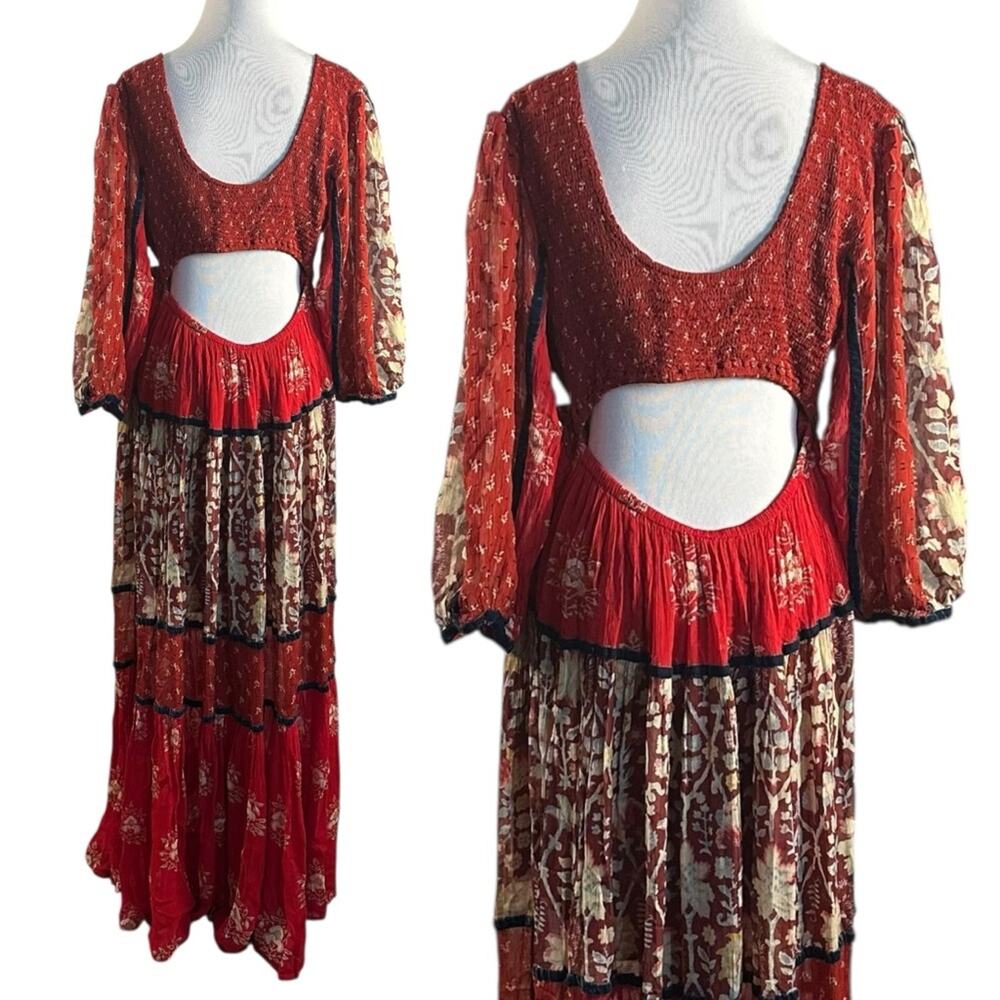 Free People Bohemian Gypsy Witchy Bali Laurel Maxi Dress Medium Patchwork 70s - Picture 10 of 14